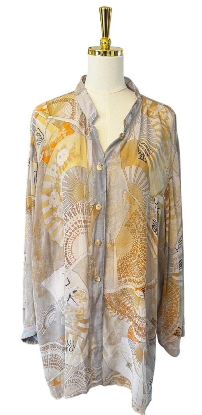 Vintage Y2K Citron Santa Monica 100% Silk Fan Print Tunic Shirt Cover Up 2/XL